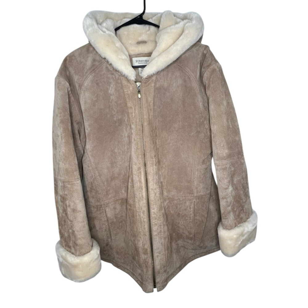 St. John's Bay Tan Suede Leather Zip Up Coat With Faux Fur Lining